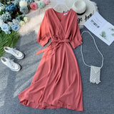 Vintage V Neck Autumn Midi Long Bandage Dress Party Vestido De Festa Evening Women Casual High Waist Elegant A-Line