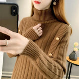 Winter Women's Turtleneck Pullover Solid Button Flocking Long Sleeve Screw Thread Sweater Knitted Casual Elegant Tops-Outfit