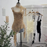 Shooting Lace Suspension Sheaf Vest Women's Summer Thin Irregular Lotus Leaf-Side Ribbon Slime Blouse