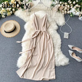 Style Sexy V-neck Slit long Dress Women's Summer elegant Plain Lace-up Waist Dress Office