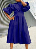 Turtleneck Puff Sleeve Pleated Long Skater