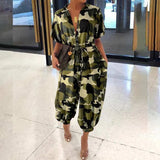 Leopard Print Jumpsuit Retro Summer Short Sleeve Lace-Up Playsuit Overalls Casual Button V-Neck Pocket Romper Bodysuit