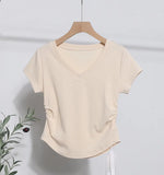 Recommended For The Summer V-Neck Front Shoulder Short-Sleeved T-Shirt For Girls Slimming Hottie Drawstring Irregular Top