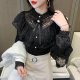 Fashion Lace Bottoming Women's Shirt Autumn Hollow Flower Ruffle Blouse Bow Beading Long Sleeve 6 Colors Blusas