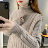 Winter Women's Turtleneck Pullover Solid Button Flocking Long Sleeve Screw Thread Sweater Knitted Casual Elegant Tops-Outfit