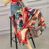 Casual Denim Patchwork Chiffon Skirt 2023 Summer New Office Lady Commute All-match Printed A-Line High Waist Midi
