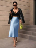 2024 New Women's Satin Slim Skirt Satin Solid Color Medium-Long Buttocks Fishtail Skirt-Outfit