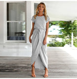 Summer Dress Female Short Sleeve Irregular Slit Fashion Short Sleeve O-neck Pullover Bodycon Slim Long Dress