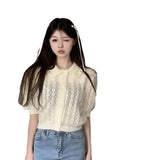 Retro Short-Sleeved Knitted Jersey Jacket Women's Summer 2025 New Korean Version Of Short Bubble Sleeve Hollow