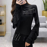 Solid Color Ruffles Spliced Shirt Spring Autumn Slim Basic Half High Collar Female Clothing Chic Diamonds Knitted Blouse-Outfit