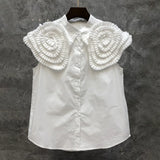 White Fold Pleated Shirt For Women Peter Pan Collar Sleeveless Solid Minimalist Button Through Blouse Female