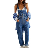 Women Vintage Retro Denim Long Jumpsuit Casual Spaghetti Strap Straight Romper Pants Summer Baggy Bib Overalls-Outfit
