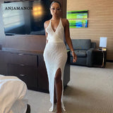 Knit Crochet Beach Split Maxi Dresses for Women 2021 Summer Sundresses Elegant Vacation Long Fitted Dress