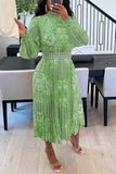 Fashion Pearl Belt Print Folded Lantern Sleeve Sleeve Scash Semi-High Collar