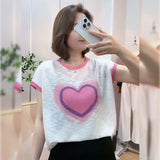 Women's Heart-shaped Printing Thin Bamboo Knot Cotton Short Sleeve Casual Loose and Cool Versatile Temperament Tops-Outfit