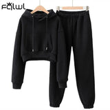 Winter Streetwear Two 2 Piece Set Sweatsuits For Tracksuit Women Long Sleeve Hooded Top Baggy Blue Pants Matching