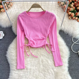 Women Fashion Korean Blouse Design Hollow Waist Long Sleeve O Neck Slim Tops Autumn Chic Streetwear Short Blouses