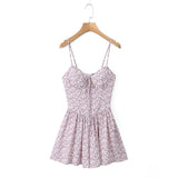 Sexy Flower Print Bow Bra Pad Corset Style Sling Bodysuits Women Ruched Ruffles Hem Skirt-shorts Jumpsuit Romper Overalls-Outfit