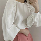 Loose Summer women Tops 2021 Long-sleeved O-neck Temperament Shirt Ruffle Fashion Shirt Casual Solid Color Blouse