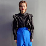 Casual Colorblock Ruffle Trim Shirt For Women Lapel Long Sleeve Chic Blouse Female Fashion New Clothing 2021
