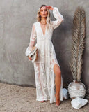 New Women's Lace Long-Sleeved V-Neck Solid Chiffon Summer