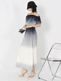 TWOTWINSTYLE Ombre Summer Two Piece Set Womens Slash Neck Short Sleeve Tops High Waist Midi Skirts Colorblock Sets Female