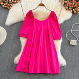 V-neck Loose Lantern Sleeve Mini Dress Fashion Blue Summer Women A-line dress 2022 Solid retro high waist