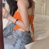 Women's Knit Bandeau Crop Tops, Strapless Sleeveless Solid Color Hanky Hem Tube Tops-Outfit