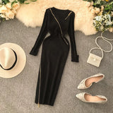 2022 Zipper Autumn Dresses Winter Bodycon Knitted Sweater Midi Pencil Dress Party Knee Length Women Casual Office