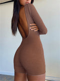 Chic Women Sexy Backless Rompers Overalls Fall Ribbed Knitted Playsuits Square Neck Long Sleeve Slim Fit Biker Shorts-Outfit