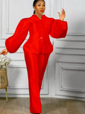 Formal Puff Sleeve Peplum Top and High Waist Pants Set 703-1-Outfit
