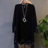 Winter New Fashion Midi Dress Casual Solid Color Lace Patchwork Commute Straight Korean Embroidered Flares O-Neck