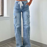 Sales 2025 New Straight Jeans Women's Casual With Multi-Bags Of