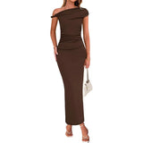 Summer Women's Temperament Elegant Fashion Sexy Solid Color Oblique Shoulder High-Waisted