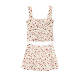 Ear-Side Flower-Print Square Collar Single-D Row Buckle-Suited Short-Sling Sling Vest Wide-Folded Mini Skirt Suit