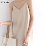 Women Chiffon Spaghetti Strap Sleeveless Dress Korean Loose V-neck Sexy Elegant Vintage Ladies Breathable Thin