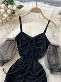 See Through Mesh Puff Sleeve Spaghetti Strap Dress Women 2023 Summer V-neck Drawstring Ruched Mini Club Party