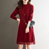 Knitted Dress Women's Autumn And Winter Dress 2024 New Fashion Foreign Style Nailed Bead Sweater Skirt Trend-Outfit