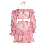 TWOTWINSTYLE Summer Two Piece Set Womens Slash Neck Long Sleeve Tops High Waist A Line Mini Skirts Print Sets Female Clothes