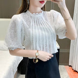 Summer Lace Women's Blouse High-quality Korean Short Sleeve Fashion Stand Collar Shirt Floral Hollow Lace Loose Tops