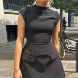 Women's Temperament Elegant High-Waist Sexy Miniskirt Ladies Fashion Round-Neck Short-Sleeved