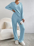 Women Tracksuit Knitted Sweater Pant Sets 2023 Autumn V Neck Pullover Tops Trousers Suits Casual Two Piece Set Outfits-Outfit