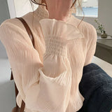 Spring New Pleated Women Shirts Fashion Office Lady Chiffon Blouse Women Stand Collar Flare Sleeve Solid Female Tops