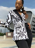 White and Black Print Irregular Blazer with Single