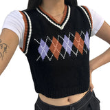 Argyle Plaid Y2k Tank Top Women Fashion Knitted Sweater Undershirt 90S Knitwear Autumn Basic