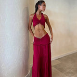 2025 New Women's Clothing Sexy Hollow Hollow Pressure Folded Neck Top Fashion Temperament Skirt Dress Suit