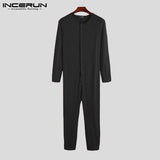 Men Pajamas Jumpsuit Homewear Solid Color Long Sleeve Comfortable Button Leisure Sleepwear Men Rompers Nightwear