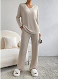 Women Tracksuit Knitted Sweater Pant Sets 2023 Autumn V Neck Pullover Tops Trousers Suits Casual Two Piece Set Outfits-Outfit