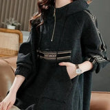 Korean Letter Spliced Pullovers Autumn Winter Women's Clothing Hooded Zipper Chic Drawstring Casual Pockets