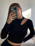 2022 Blue Y2K T-shirt Sexy Hollow Out Crop Top Long Sleeve Club Party Harajuku Basic Woman Clothes Spring